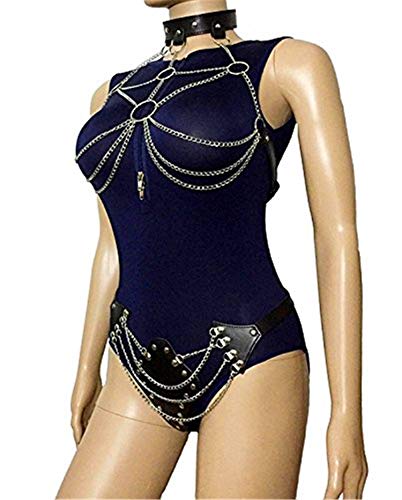 Women's Faux Leather Harness Punk Gothic Metal Chain Tassel Body Caged Lock And G-String Bikini #TOP2