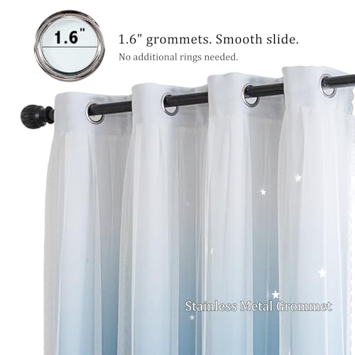 Image of indistar Dreamy Star Cutout Blackout Curtains with White Sheer,Double Layer Curtains for Girls Bedroom, Hollow Out Drapes for Nursery (2 Panel,52Wx72L,Dark Blue)