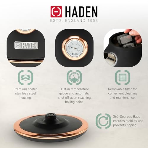 Haden Dorset 1.7 Liter Stainless Steel Electric Kettle, Hot Water Kettle with 360-Degree Base and Auto Shutoff, Black & Copper