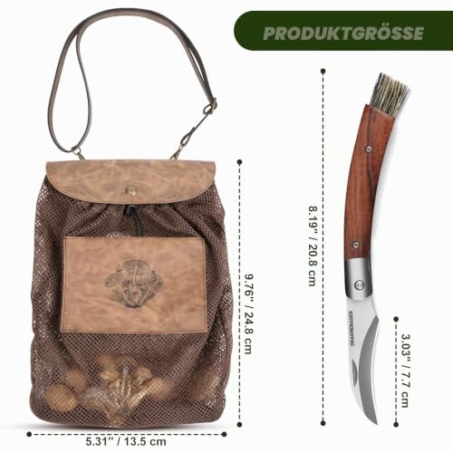 Foto von DRACHENADER Pilzmesser & Pilzkorb, Schwammerlmesser mit Bürste/Pinsel (Integriert), Liner Lock, §42a konform, Atmungsaktive, Faltbare Pilztasche mit Netz, Verstellbarem Schultergurt