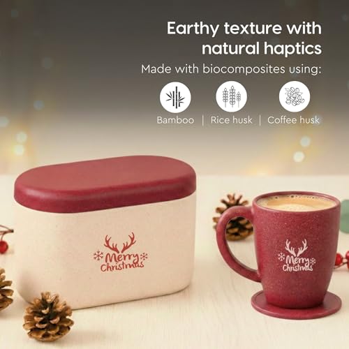 Image of Eha Earth-Friendly Christmas Gifts for Friends and Family | Secret Santa Gifts | Made with Rice Husk | Printed Christmas Mug and Coasters Set of 2, Keychain & Loopac Box | 300 ml | Coral