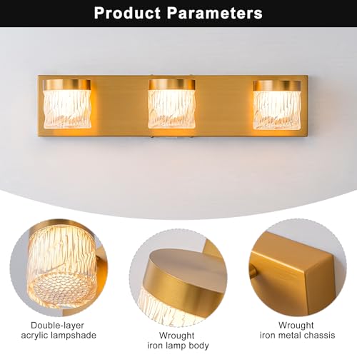 Image of WILON 3-Light LED Vanity Wall Sconce, Gold Bathroom Lighting Fixture | 3 Color Dimmable, Modern Farmhouse, Striped Glass Shade, for Bedroom Living Room Hallway Mirror Vanity, Bulbs Not Included