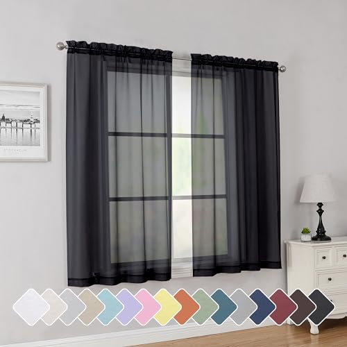 Image of Simplebrand Rod Pocket Top Solid Voile Sheer Curtains for Bedroom, 54 Inch Length Drapes Set of 2, Lightweight and Light Filtering Elegant Black Curtains Panels Window Treatment, 42Wx54L, Black