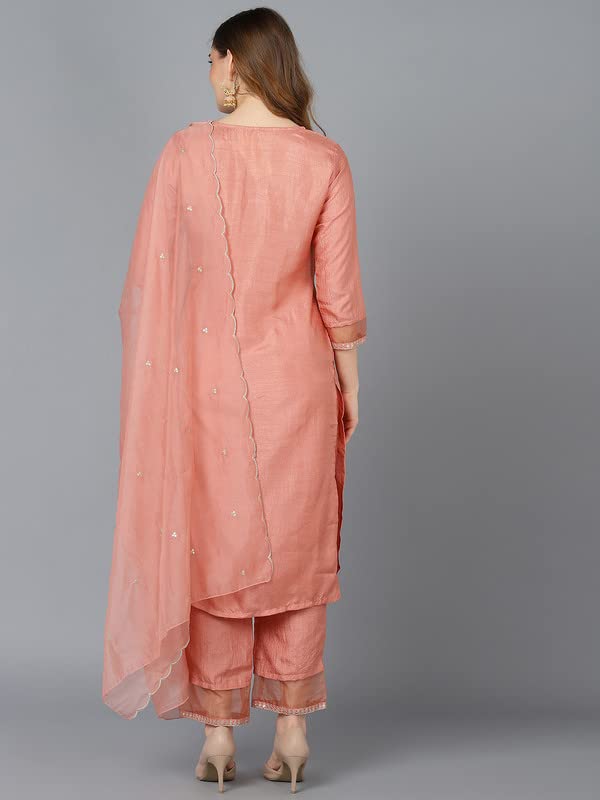 Image of Vaamsi Women's Silk Blend Sequins Yoke Design Straight Kurta Pant With Dupatta