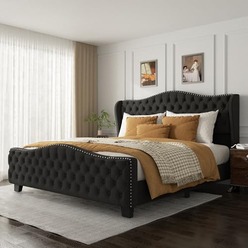 viplov King Size Platform Bed Frame with 51-inch Tall Camelback Headboard & Wingback, Deep Button Tufted Footboard with Nailhead Trim, No Box Spring Needed, Black