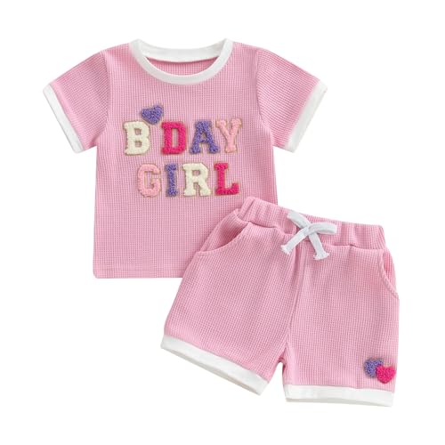 Babieshouse Baby Girl Birthday Outfits Waffle Short Sleeve Birthday Girl Shirt and Elastic Shorts Set Toddler Summer Clothes