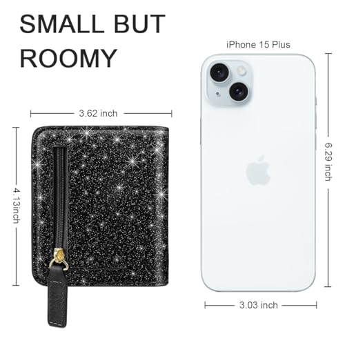 Image of Small Womens Glitter Wallet Thin Credit Card Holder Pocket | Compact Women Slim RFID Blocking Bling Wallets Bifold Ladies Mini Purse Pocket for Travel & Daily Use, Black