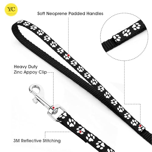 Image of YellowCult Dog /Cat Collar Leash Set with Adjustable Soft Nylon Paw Print Pet Collar for Cats, Puppies, Small Dogs, Fat Rabbits Walking Training, Bell & Quick Release Buckle Safety Lock -[Red]