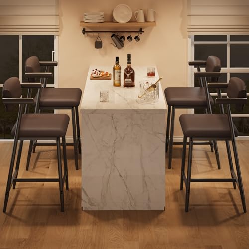 Image of GarveeHome Counter Height Bar Stools of 4 with Armrests, 4 Piece Counter Height Bar Stools Set with Back, Upholstered Seat & Metal Footrest for Kitchen Islands, Counter Bars, Retro Brown