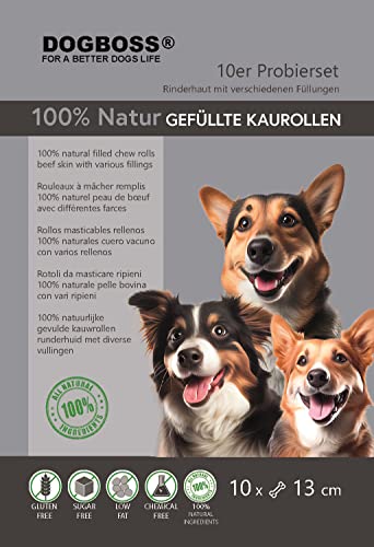 DOGBOSS 100% Natur gefüllte Kaurollen in verschiedenen Größen und Geschmack (10er Probierset 13 cm)