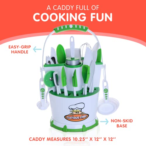 Curious Chef 30-Piece Caddy Collection Cookware, White/Green, Dishwasher Safe, Bpa-Free Plastic, Includes Real Utensils - Rolling Pin, Spoons, Whisk, Knives, Measuring Cups, Vegetable Peeler & More #TOP5