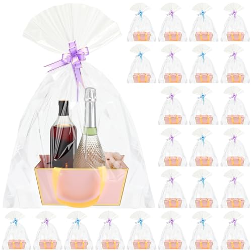 Tuanse 30 Pcs Basket for Gift Empty DIY Bulk Gift Basket Kit with Handle Kraft Cardboard Tray with 30 Bag 30 Bow Market Tray for Wedding Party, Pink, 9.8 x 6.7 x 4.3 in