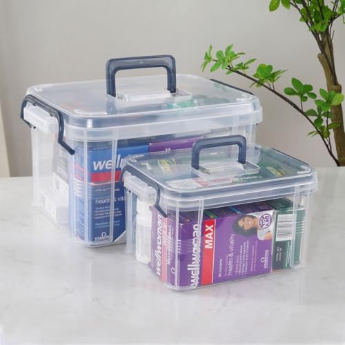 Image of HEY FOLY 15qt Medicine Organizer Storage Box with Tray, Set of 2 Plastic First Aid Box Empty, Thickened Medicine Container Chest, Multipurpose Medical Case with Labels, Blue Medicine Caddy