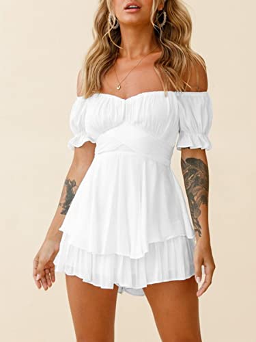 Women Puff Sleeve Square Neck Romper Dress Off Shoulder Ruffle Shorts Smocked Layered Flowy Jumpsuit Beach Swing Dress (A-White, L) - Image 6
