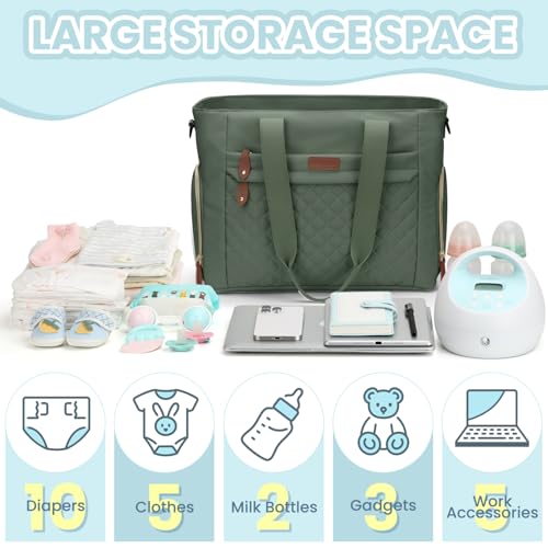 Image of Pritent Diaper Bag Tote for Working Mom, Large Travel Diaper Tote for Mom and Dad with 14 Inch Laptop Sleeve, Mommy Maternity Travel Baby Bag for Boys and Girls, Green