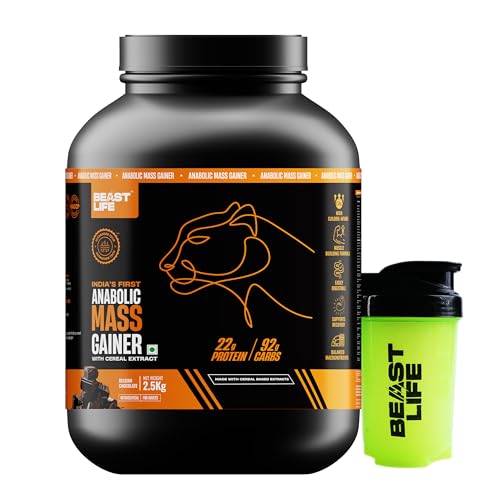 Image of Beast Life High Protein Mass /Weight Gainer | 2.5 KG | Belgian Chocolate with Free Shaker | NABL LAB Tested | For Muscle Gain & Fast Growth | Cereal-Based Formula, No Maltodextrin | India's #1 Cereal Based Bulk Gainer