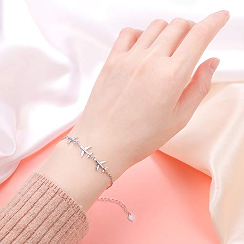 FLYOW Three Airplane Bracelet Hypoallergenic Charm Bracelets Silver for Women Lady Adjustable 7+2 Inches Graduation Birthday Gifts2
