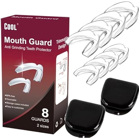 Cool Mouth Guard for Grinding Teeth at Night Guards for Teeth Grinding Mouth Guard for Teeth Clenching, 8 Pcs Bite Guard for Teeth Clenching Nighttime, 2 Sizes, BPA Free, 2 Retainer Cases Included Cover
