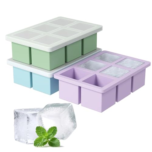 Image of Ice Cube Molds with Lid,Big Silicone Ice Cube Tray for Whiskey,2Inch Square Ice Cube Tray,Easy-Release Ice Mold,Giant Ice Cubes for Bourbon Cocktail (3, Green, Blue & Purple)
