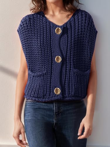 Image of VNIRA Womens Fashion Casual Chunky Sweater Vest Sleeveless Button Down Knit Crop Top Open Front Cardigan with Pockets Navy L