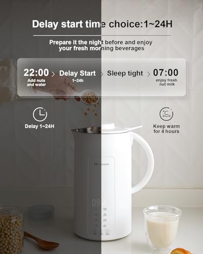 MOKKOM Nut Milk Maker, 42oz Automatic Almond Milk Machine for Homemade Plant-Based Milk, Oats, Soy, Dairy Free Beverages, Soy Milk Maker with Delay Start/Keep Warm/Self-Cleaning/Boiling, White - Thumbnail 6