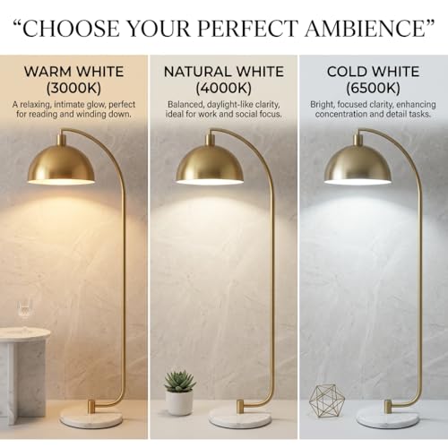 Image of Floor Lamp 3-Color CCT Warm Natural Cold White Gold Metal Arc Standing Lamp for Living Room Bedroom Home Decor E27