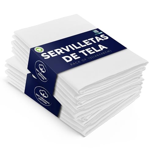 LivinEase Servilletas de Tela de Algodón - Paquete de 12 Servilletas de Mesa Blancas - Servilletas de Tela Grandes Reutilizables 100% Algodón 46 x 46 cm para Todas Las Ocasiones