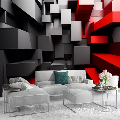 Solid Geometry Wall Murals for Bedroom, Red, Black and Gray Splicing Wallpaper Mural for Living Room, Artistic Photo Wallpaper for TV Background Wall Covering(Not Peel n' Stick)-40' H x 64' W