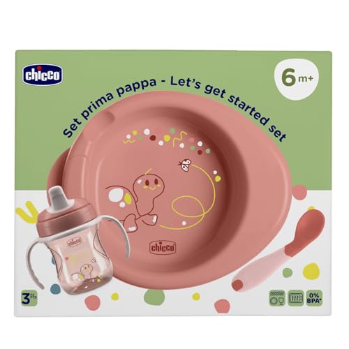 Chicco Set Vajilla Bebé, para la comida compuesto por Copa de entrenamiento, Primera Cuchara, Plato Caliente, Edad 6 meses +, 0% BPA, Rosa