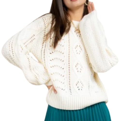 Women’s Ivory Cable Knit Crewneck Sweater, Round Neck Pullover, Relaxed