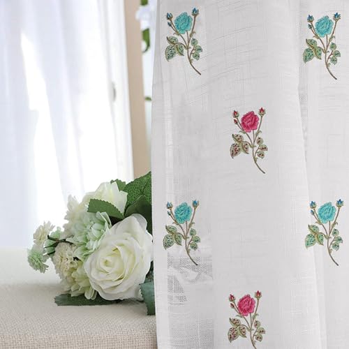 Image of LINENWALAS Printed Decorative Cotton Sheer Curtains 5 Feet Long Set of 2 Panel, Grommet Hanging, Rose Symphony Curtains for Children Room, Living Room, Home Decor (L-5 x W-4.5 Feet)