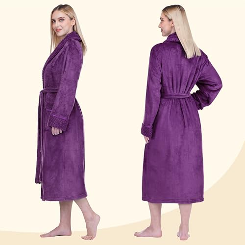 Image of PAVILIA Women's Plush Fleece Robe, Soft Cozy Long Bathrobe with Satin Waffle Trim, Warm Lightweight, Pockets & Tie Belt