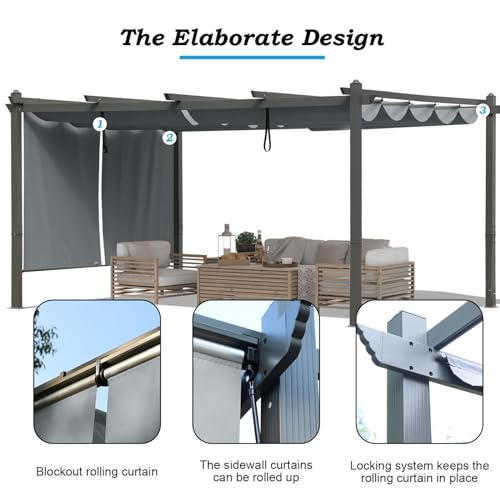 Aoodor 12 x 16 FT Outdoor Pergola with Retractable Shade Canopy, Dark Gray Matte Aluminum Frame, 2 Pieces Roller Shade Curtain, Grape Trellis Pergola for Patio Backyard and Deck - Gray