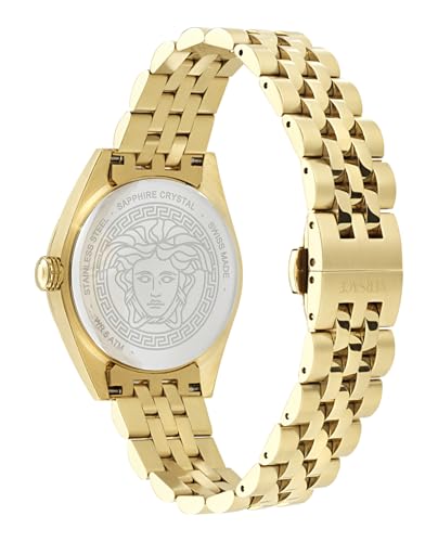 Versace V-Code Collection Luxury Womens Watch Timepieces with a Gold Bracelet and Case Featuring a Black Dial3