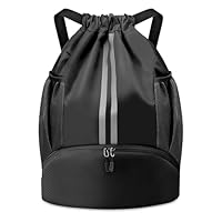 BROTOU Soccer Bags, Soccer Basketball Volleyball Football Gym Drawstring Backpack for Women and Men with Ball Compartment (Dark Black)