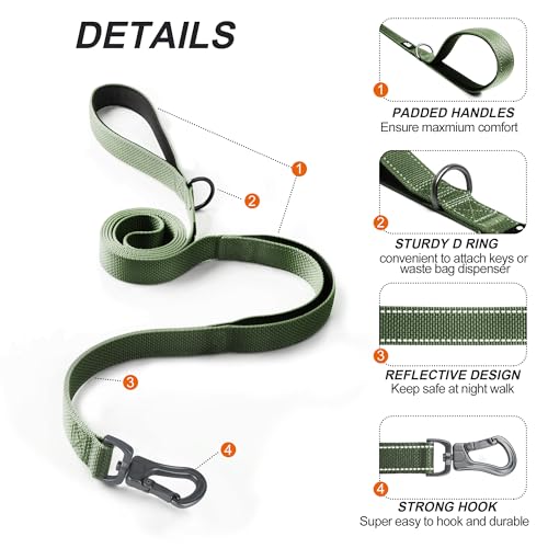 TwoEar 6FT 1IN Strong Green Dog Leash with 2 Padded Handles, Traffic Handle Extra Control, Comfortable Soft Dual Handle, Auto Lock Hook, Reflective Walking Lead for Small Medium and Large Dogs - Image 3