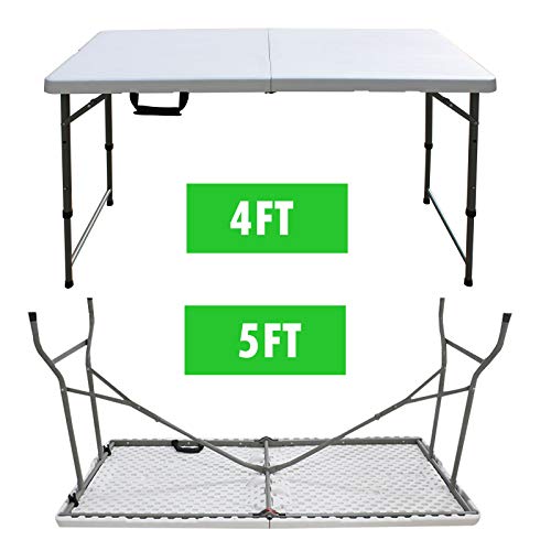 Bowose Folding Table 4ft Portable Lightweight Adjustable Height Folding Picnic Tables with Carry Handle for Camping, Kitchen, Garden, Picnic Party, BBQ, Dinner Outdoor Indoor Use (White)