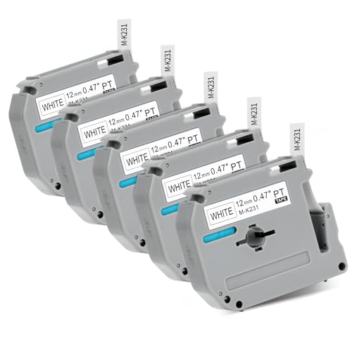 5 Pack RASSURT M-K231 Label Tape Replace for Brother M Tape MK-231 M-K231S Brother Label Tape 12mm 0.47 MK231 Label Tape White for Compatible with Brother PTouch PT-M95 PT-65 PT-45 PT-70BM PT-80