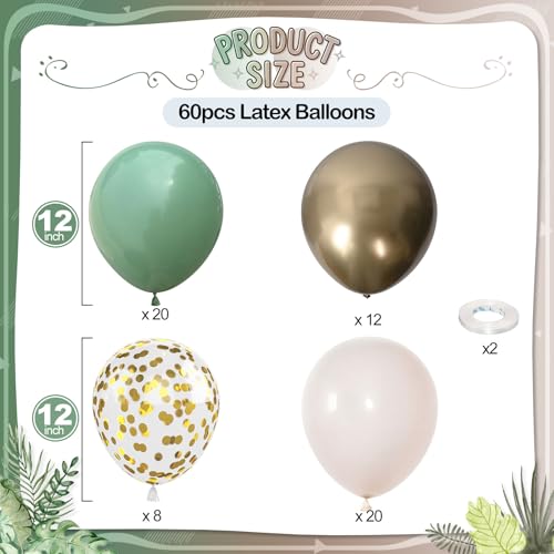 Image of Sage Green Gold Balloons, 60 Pcs 12 Inch Olive Green White Balloons with Metallic Gold Confetti Balloon for Birthday Wedding Baby Shower Bridal Shower Engagement Anniversaries Party Decorations