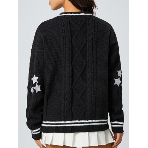 Image of Women's Long Sleeve Cardigan V Neck Stars Button Down Oversized Open Front Sweaters Casual Cable Batwing Knitted Coat