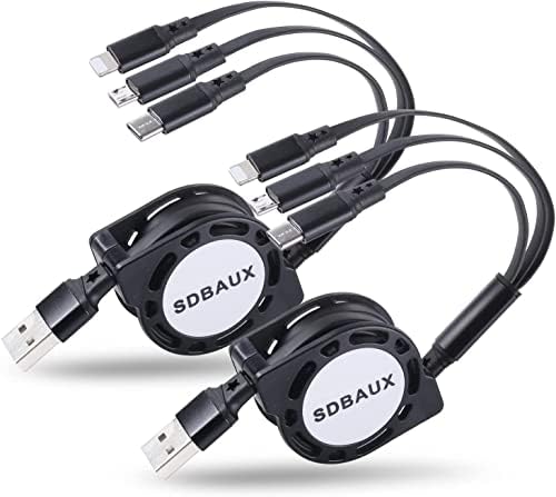 SDBAUX 2 Pack Retractable Charging Cable, 3 in 1 Multi USB Cord 1M Black