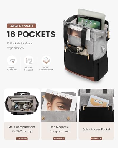 Image of LOVEVOOK Laptop Backpack for Women, 15.6 Inch Work Laptop Bag with USB Port, Fashion Teacher Nurse Backpack Purse, Waterproof Travel Computer Backpack with Organizer Bag, 2PCS, Grey-Black