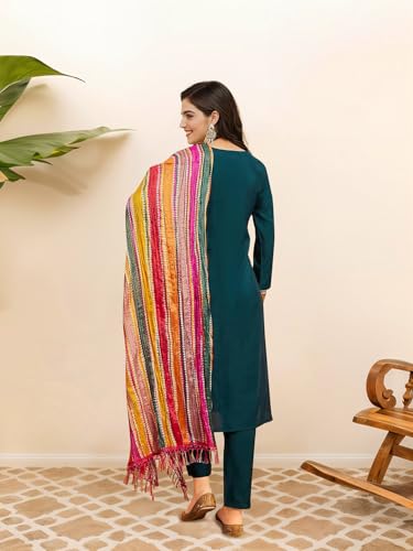 Image of ishin Women Yoke Design Ethnic motifs teal straight kurta with solid pants and dupatta
