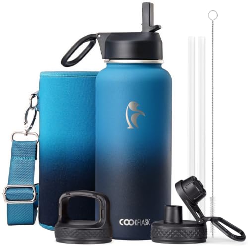 Coolflask 32 oz Water Bottle Insulated with Straw & 3 Leakproof Lids