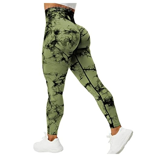 VOYJOY Legging sans Couture pour Femme - Taille Haute - Pantalon de Yoga Extensible - Effet froissé, Vert Militaire, Taille S