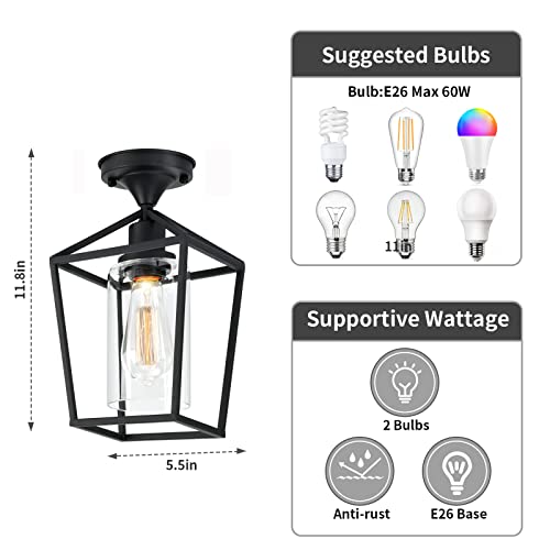 Melovom Clear Glass Semi Flush Mount Ceiling Light, Black Industrial Ceiling Light Fixtures, Industrial Vintage Ceiling Light Fixture For Hallway, Porch, Dining Room, Kitchen #TOP2