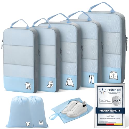 Compression Packing Cubes for Suitcases, Ultralight 8 Set Packing Cubes for Backpack Waterproof Luggage Packing Organizers Blue grey