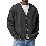 Mens Cardigan Sweater Textured Waffle Knit Long Sleeve Cardigan, Lightweight Casual V Neck Long Sleeve Knitted (Black,Large)
