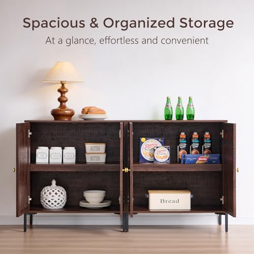Modern Buffet Cabinet with Storage, 61.75" W Fluted Arched Sideboard Cabinet w/Adjustable Shelves, Wooden Modular Coffee Bar for Dining Room, Kitchen, Living Room, Entryway, Brown - Image 3