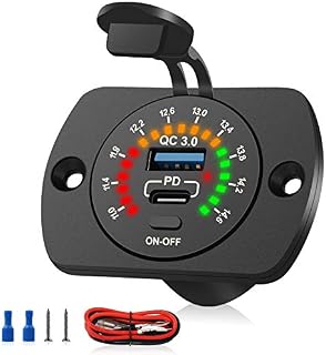 USB C Car Charger Socket 12V, 36W QC 3.0 USB and Type C Charger Fast Charge Power Outlet with Switch and LED Voltmeter for Auto Marine Boat Motorcycle Truck Golf Cart